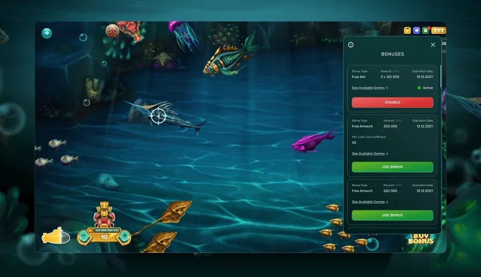 King of Ocean action field showing fish, coins, and cannon multipliers